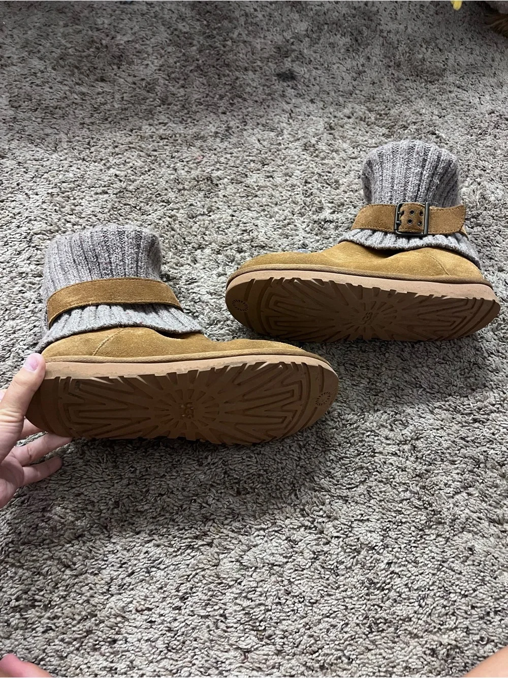 Tan Suede & Knit Buckle Ankle Boots